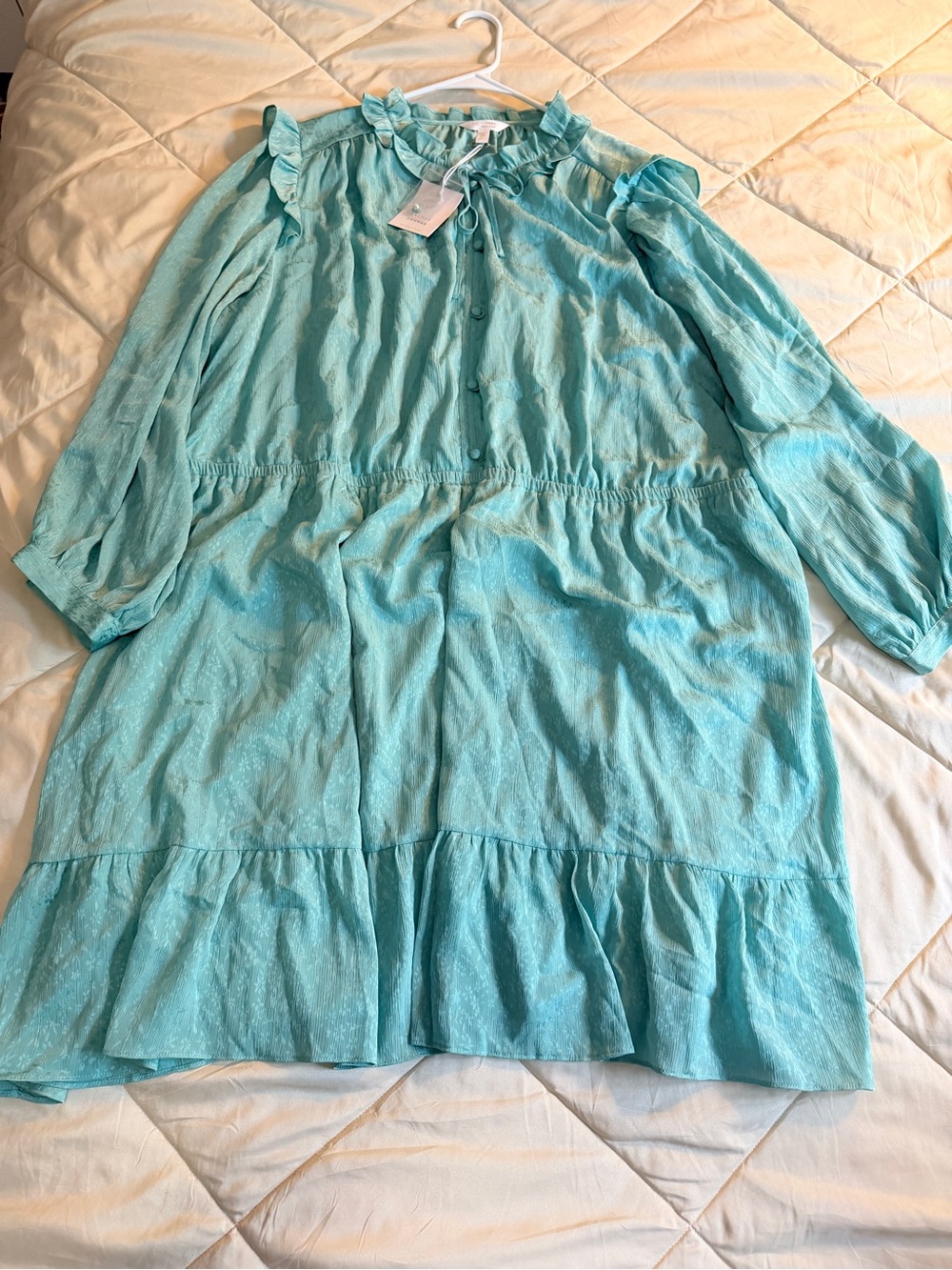 LC Lauren Conrad Aqua Ruffle-Neck Long Sleeve Tiered Dress